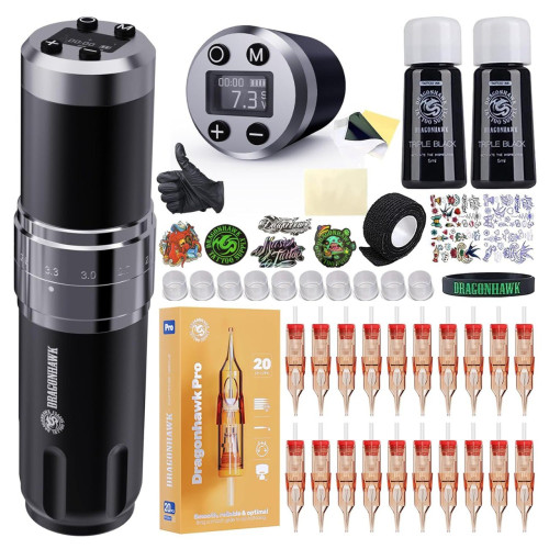 Dragonhawk Wireless Tattoo Gun Kit Fold3 Rotary Machine Pen with 2 Batteries 