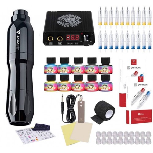 Mast Dawn Rotary Tattoo Pen Machine Kit Needles Airfoil Power Supply Inks Open Box