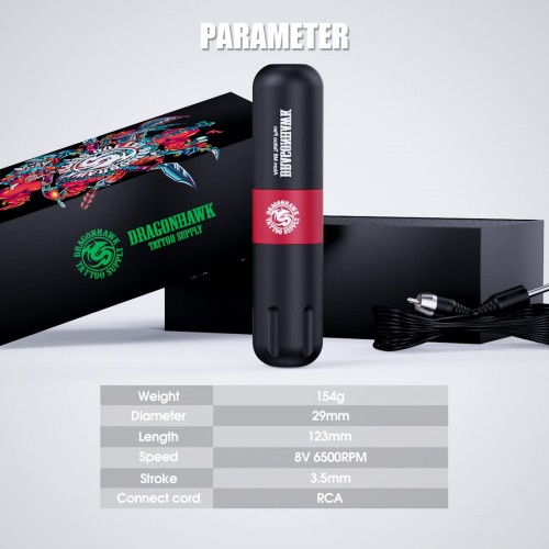 Dragonhawk Tattoo Pen Kit Wireless Battery Power Supply 50Pcs Tattoo Cartridges Open Box