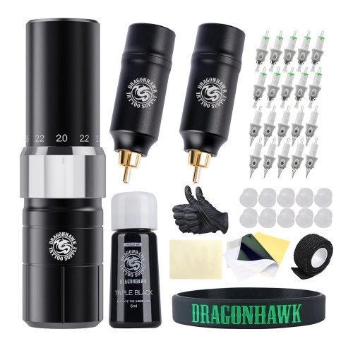 Dragonhawk Tattoo Kit, Tour Y23 Wireless Tattoo Kits 2 Replaceable Batteries Tattoo Pen Machine Gun Kit 