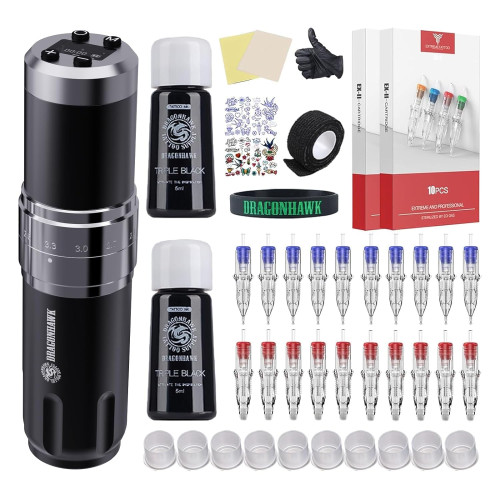Dragonhawk Wireless Tattoo Kit Fold3 Rotary Tattoo Pen Machine Gun Kit Cartridge