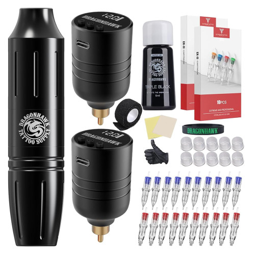 Dragonhawk Wireless Tattoo Gun Kit Pen Machine 2 Replaceble Batteries Cartridge Used