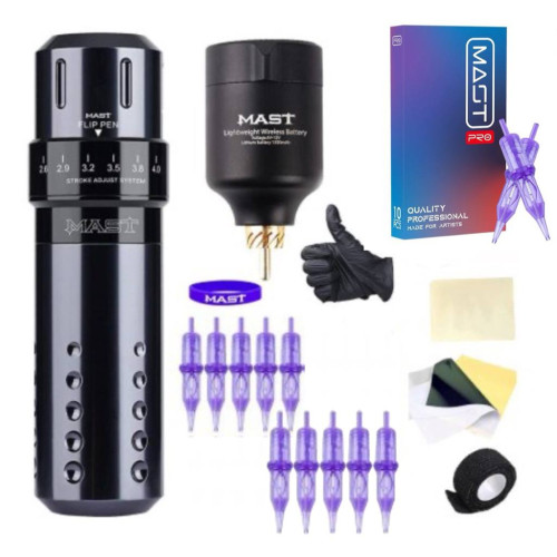 Mast Flip Rotary Tattoo Pen Machine Kit Wireless Power Battery Supply Needles