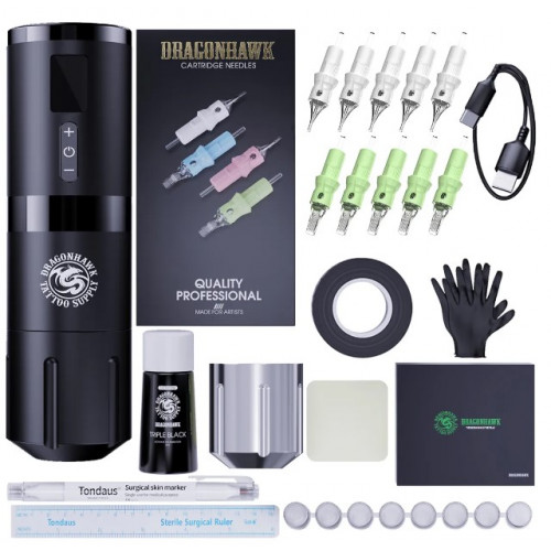 Dragonhawk Wireless Tattoo Kit Rotary Pen Machine Cartridges Needles Black Ink Used